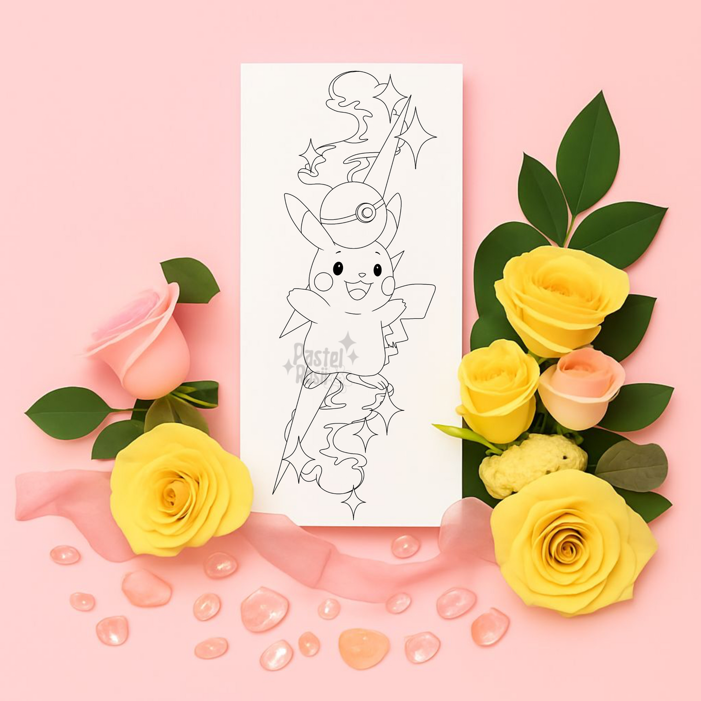Temporary tattoo of a cartoon character surrounded by yellow and pink roses on a pink background