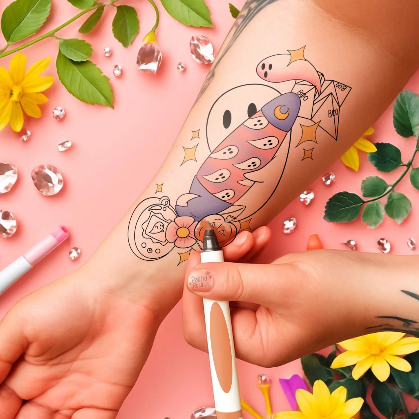 Tattoo of a colorful ice lava lamp and ghost on a person's arm with a pink background and decorative elements.