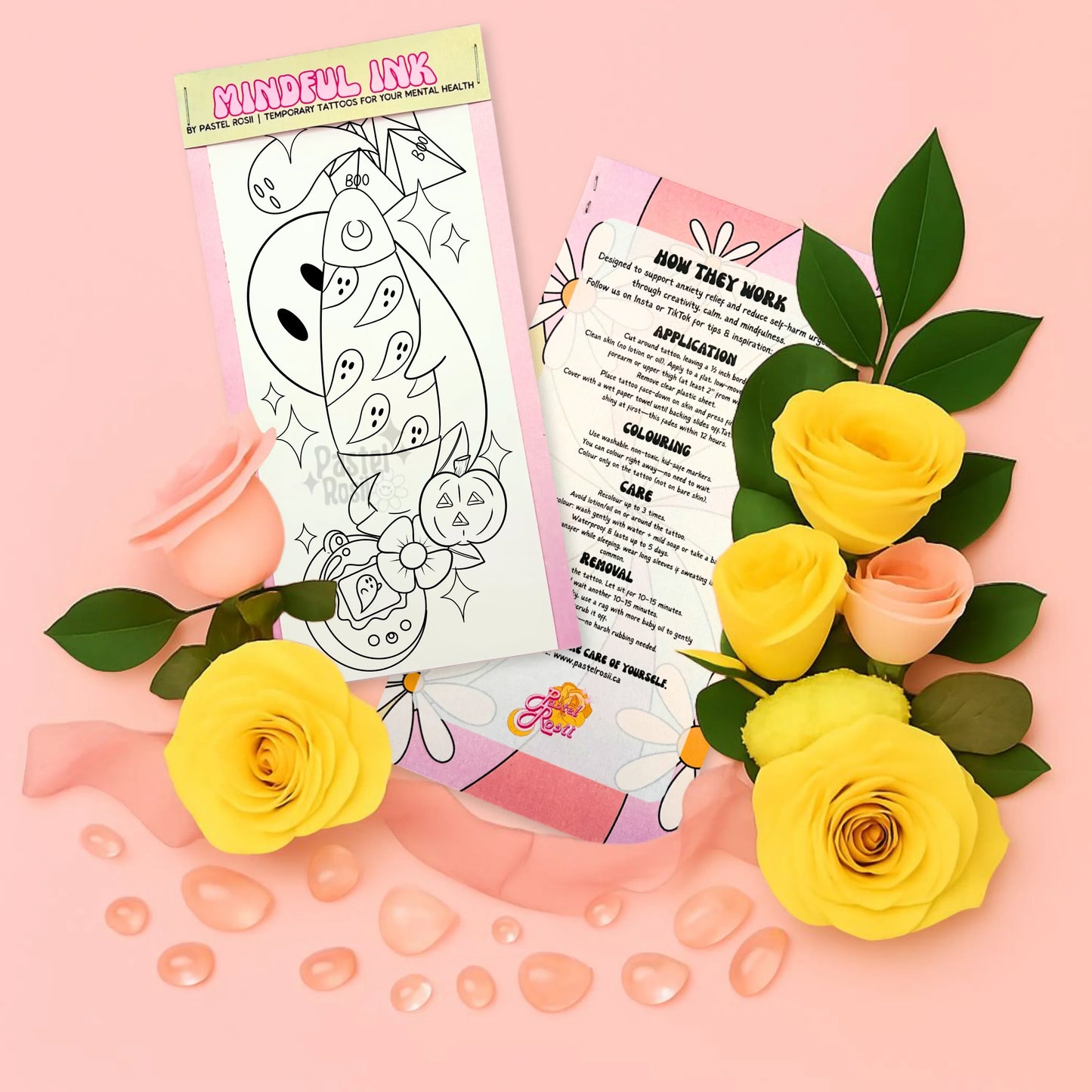 Tattoo flash sheet with roses and a pink background