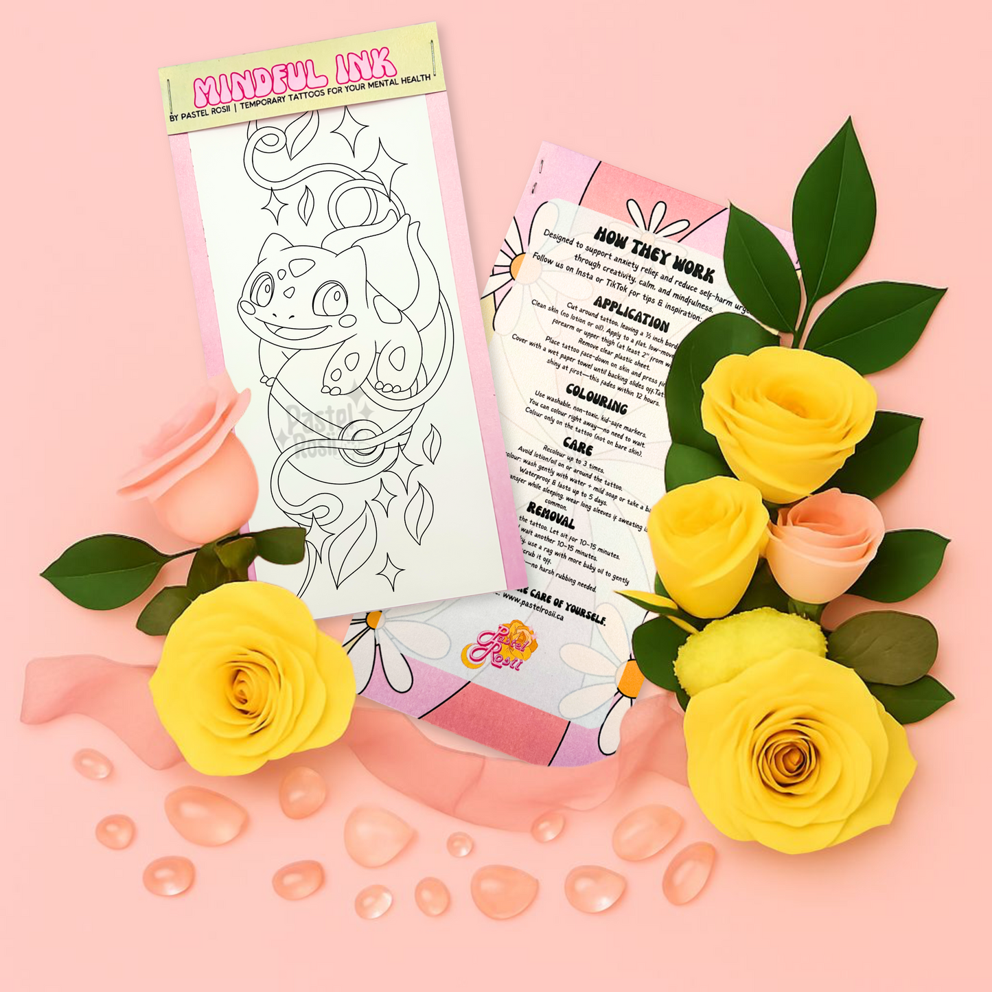 temporary tattoo with lanyard and flowers on a pink background