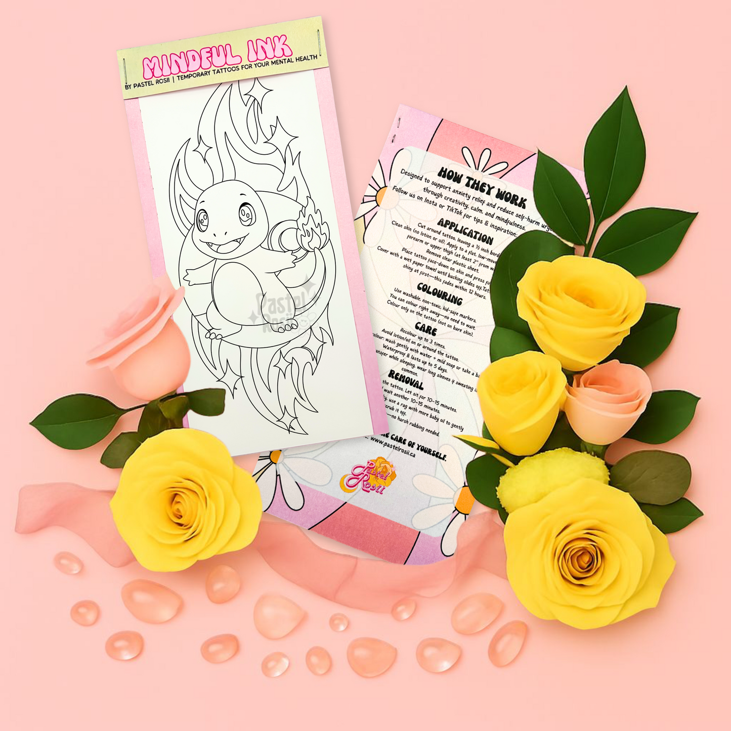 Temporary tattoo with dragon design, flowers, and care instructions on a pink background