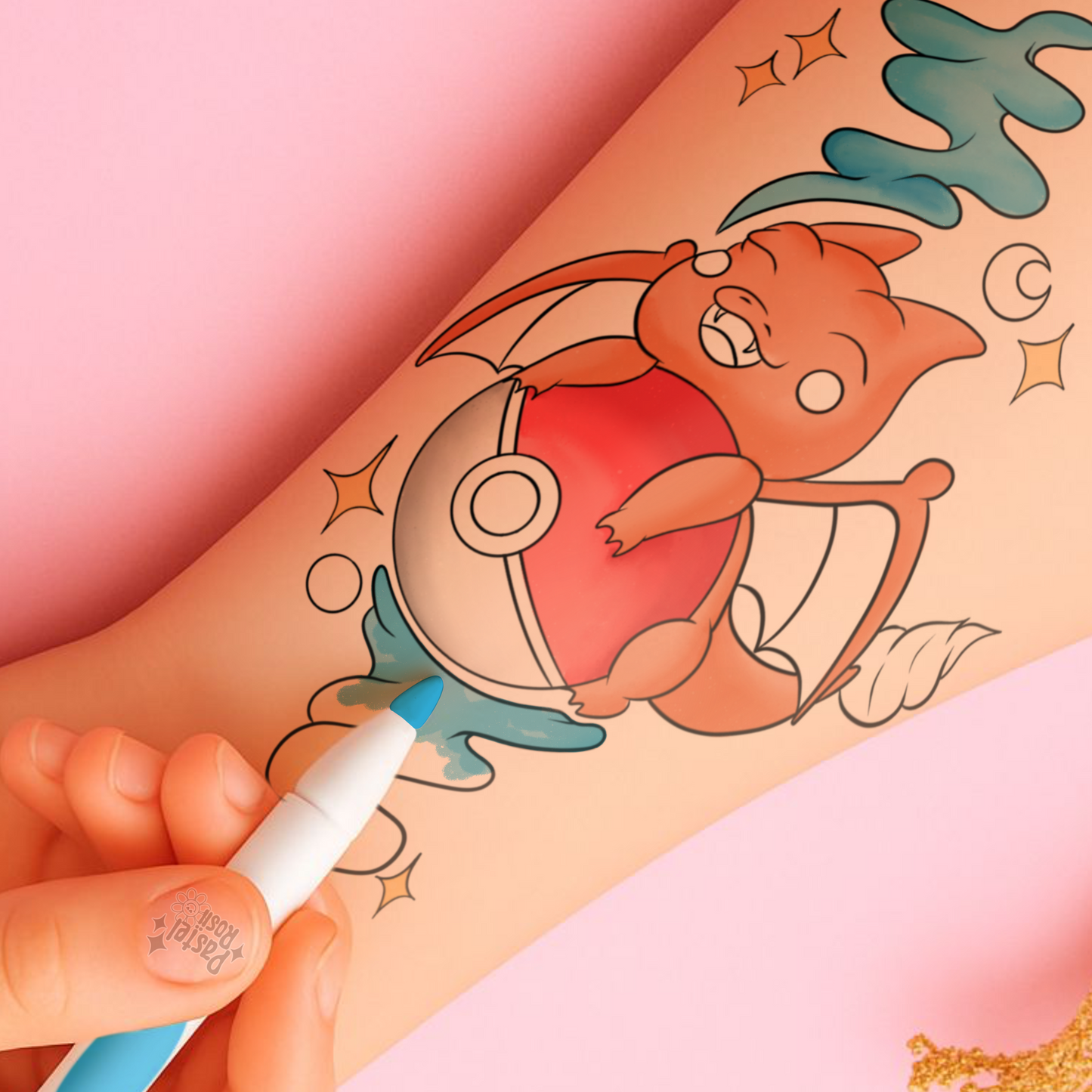 Temporary tattoo of a cartoon character being applied with a tattoo pen on a pink background