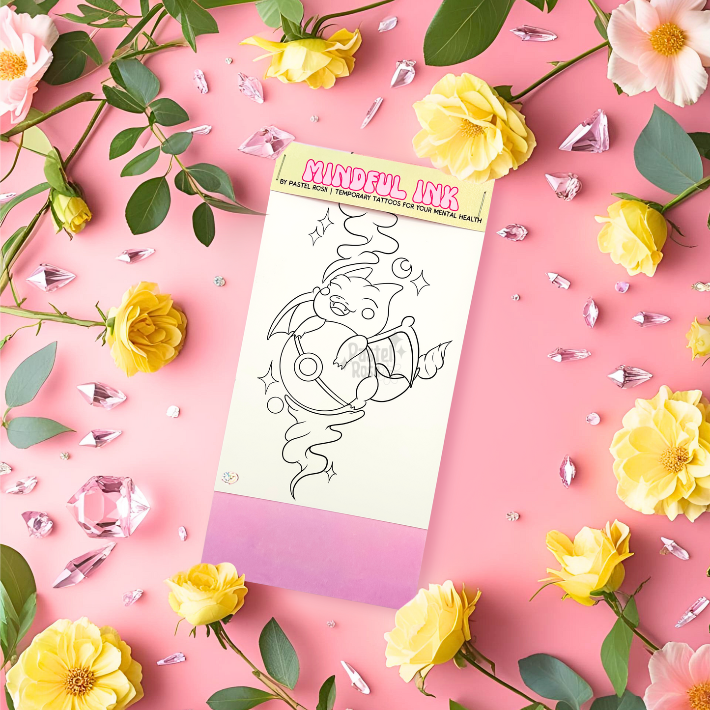 Temporary tattoo with a design on a pink background with flowers and decorative elements