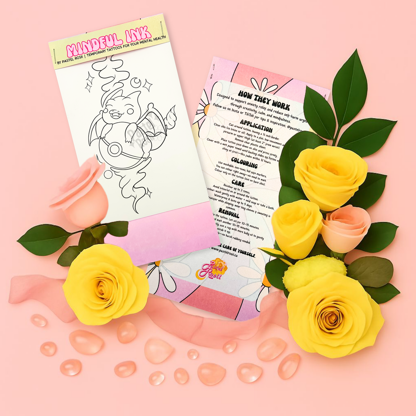 temporary tattoo coloring page and instructions, surrounded by yellow roses on a pink background.