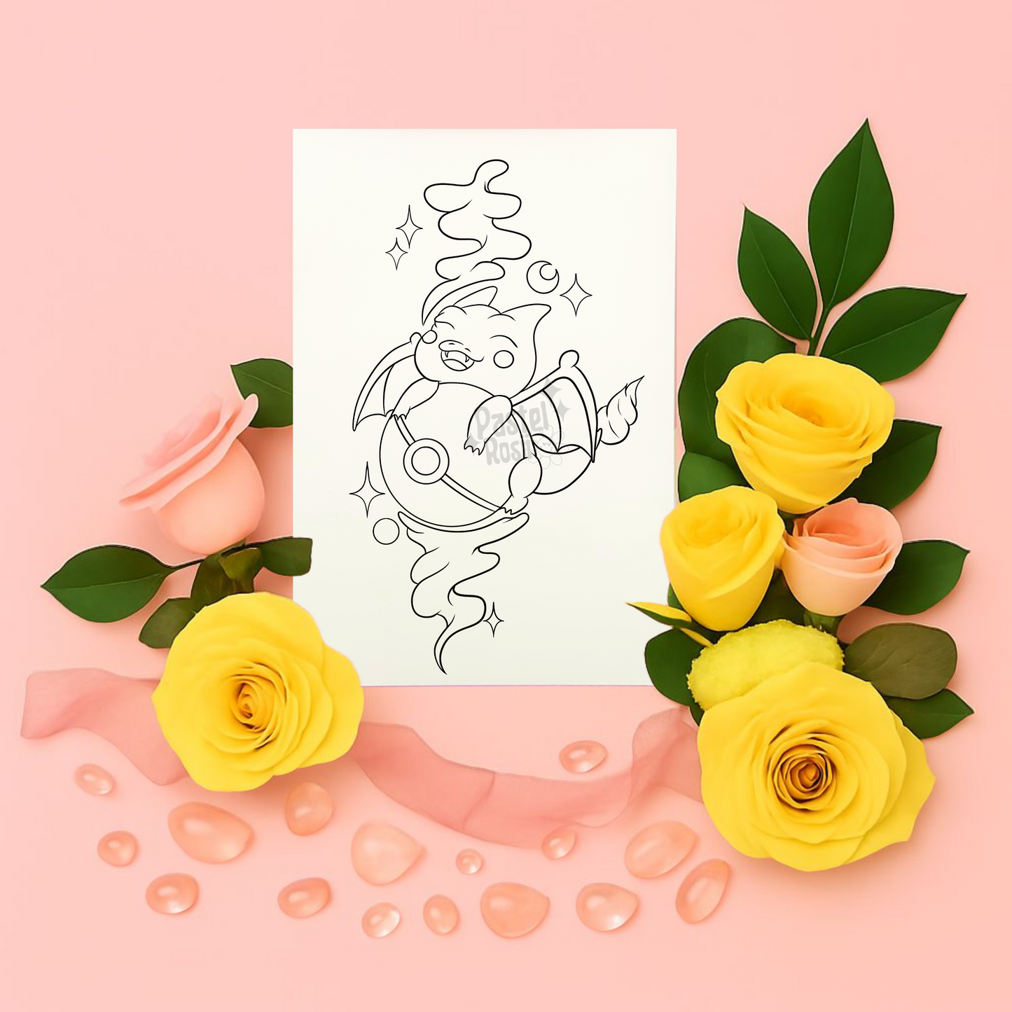 Decorative arrangement of flowers with a black and white tattoo line art design on a pink background