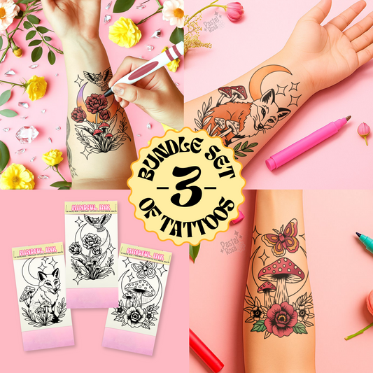Collage of temporary tattoos with floral, animal, and nature designs on a pink background.