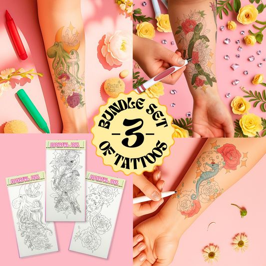 Collage of temporary tattoos with floral designs, application tools, and packaging on a pink background.