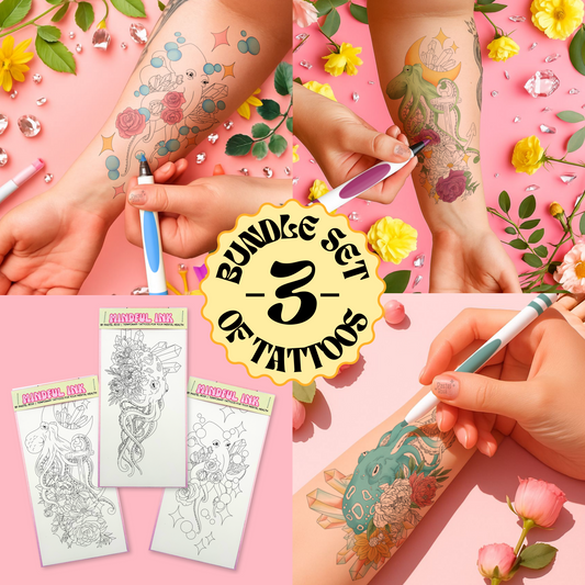 Collage of temporary tattoos with application tools and a 'Bundle Set of 3' label on a pink background with flowers.