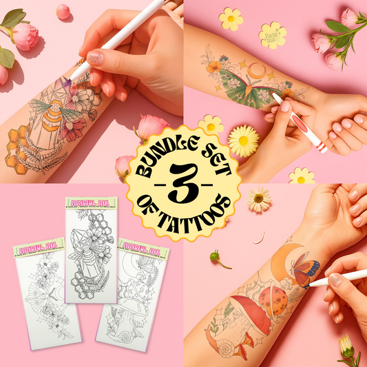Three unique tattoo designs displayed on a vibrant pink background.