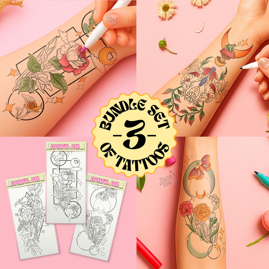 Three unique tattoo designs displayed on a vibrant pink background.
