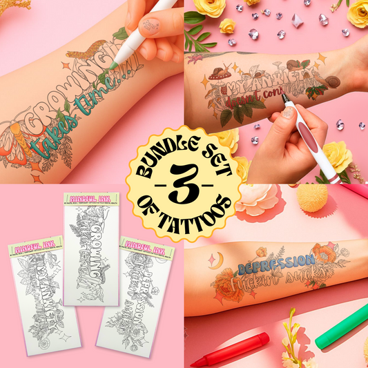 Collage of tattoo designs with markers and a 'Bundle Set of 3' label on a pink background.
