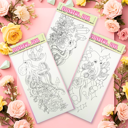 Three tattoo sheets with designs on a pink background with flowers