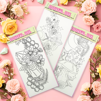 Three sheets of temporary tattoo designs featuring floral, geometric, and nature themes, surrounded by pastel-colored flowers on a pink background.
