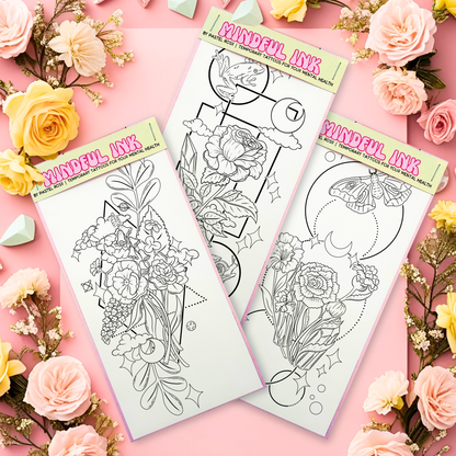 A set of three temporary tattoos showcasing beautiful flowers and butterflies, perfect for artistic expression.
