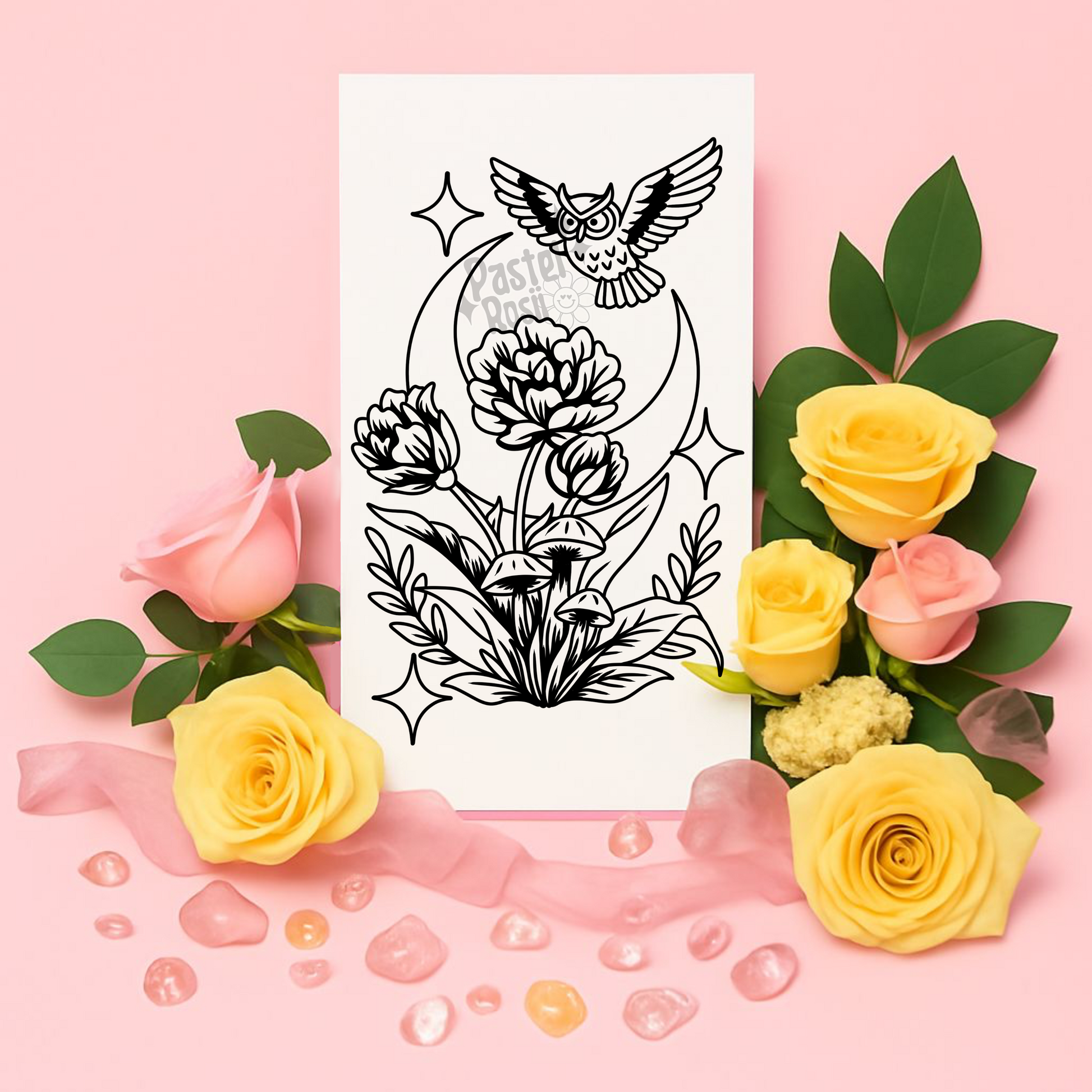 Floral tattoo design with roses on a pink background