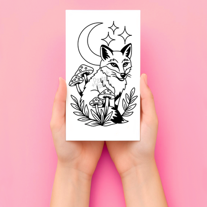 Hands holding a tattoo with a black and white fox design on a pink background
