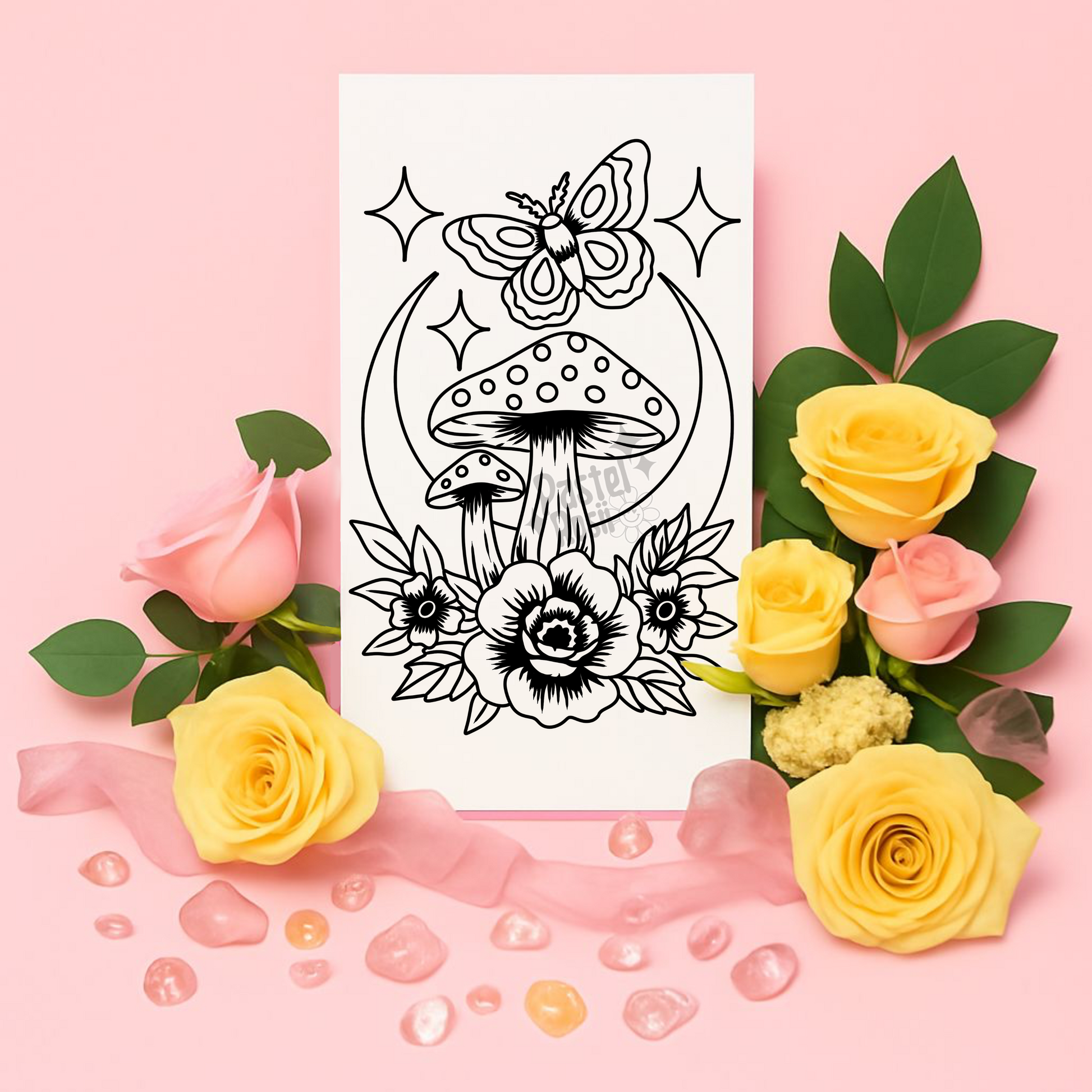 Black and white tattoo design of a mushroom and butterfly surrounded by colorful roses on a pink background.