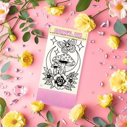 Temporary tattoos packaging on a pink background with flowers and gemstones