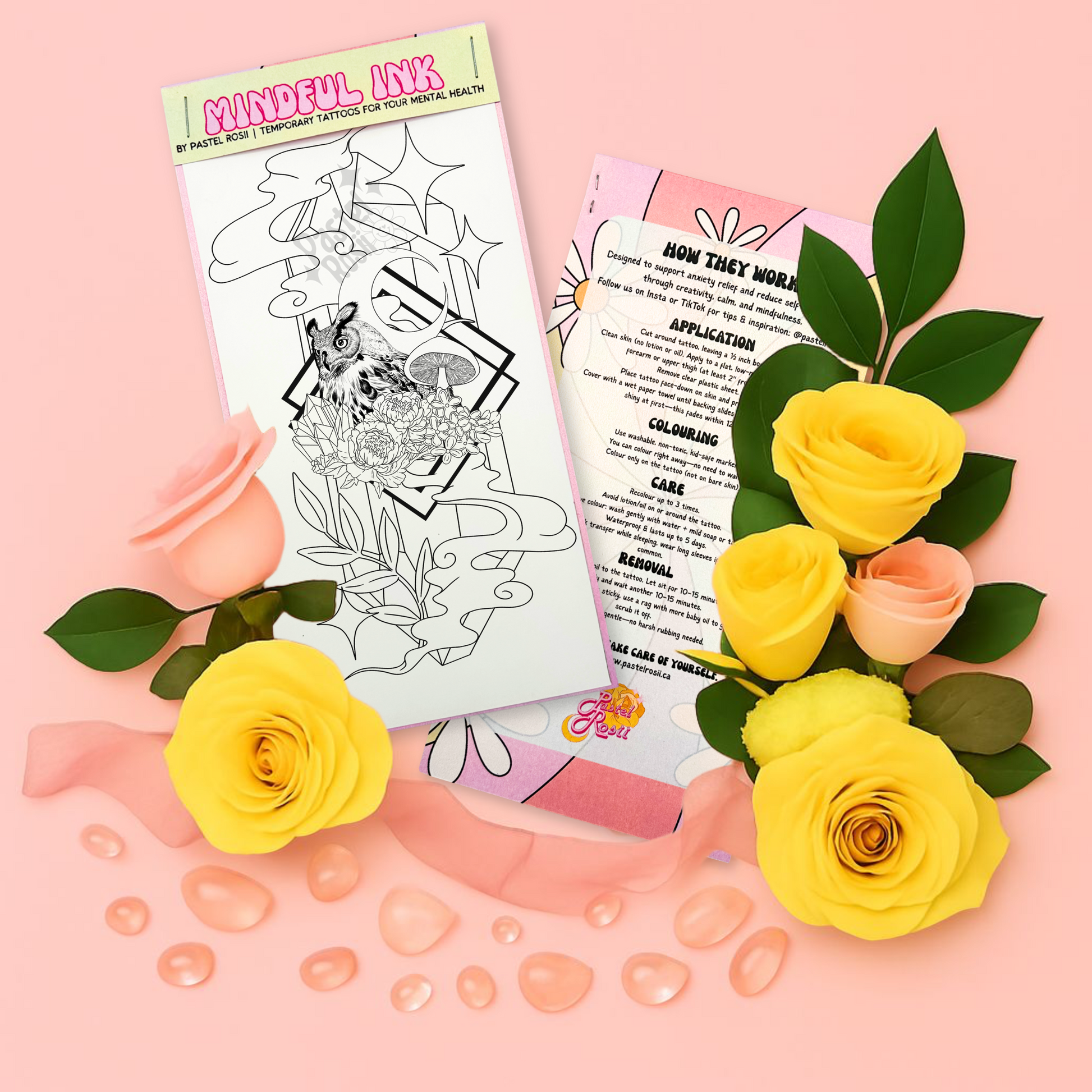 Temporary tattoos with flowers on a pink background