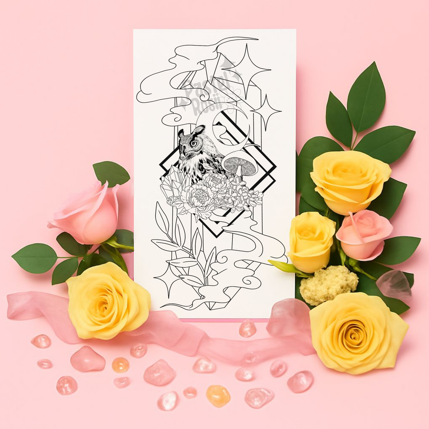 Black and white tattoo design sheet with roses on a pink background