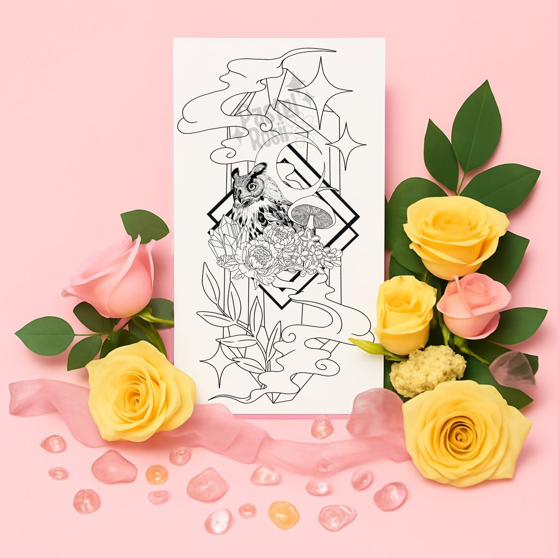 Black and white tattoo design sheet with roses on a pink background