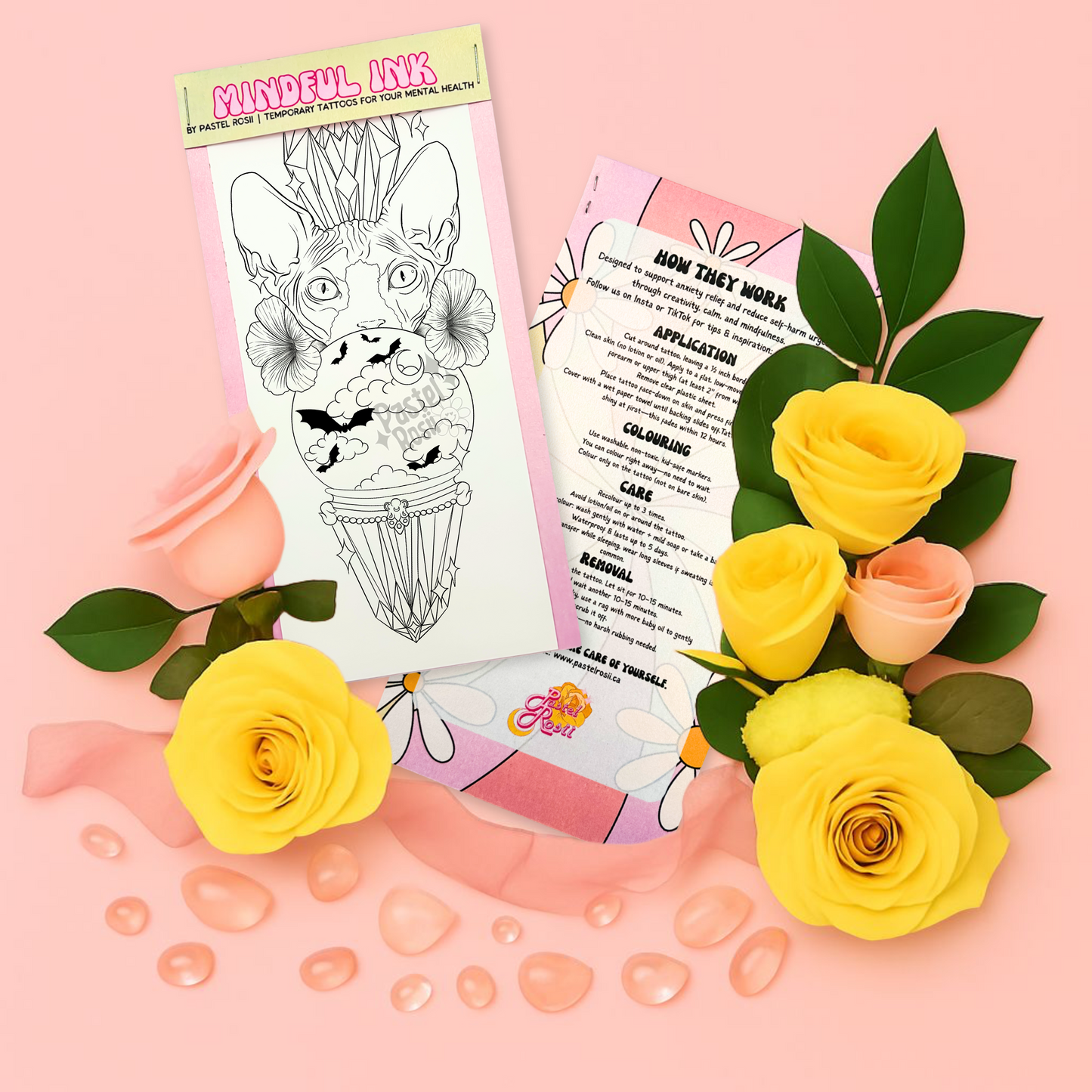 Temporary tattoo with flowers and leaves on a pink background