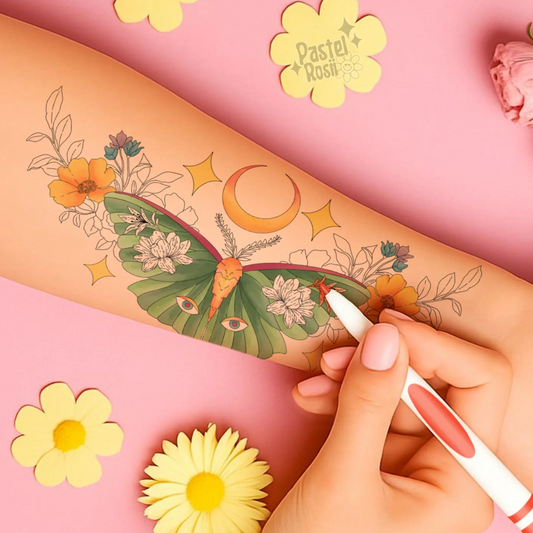 Temporary tattoo of a butterfly and floral design being applied on a arm with flowers in the background.
