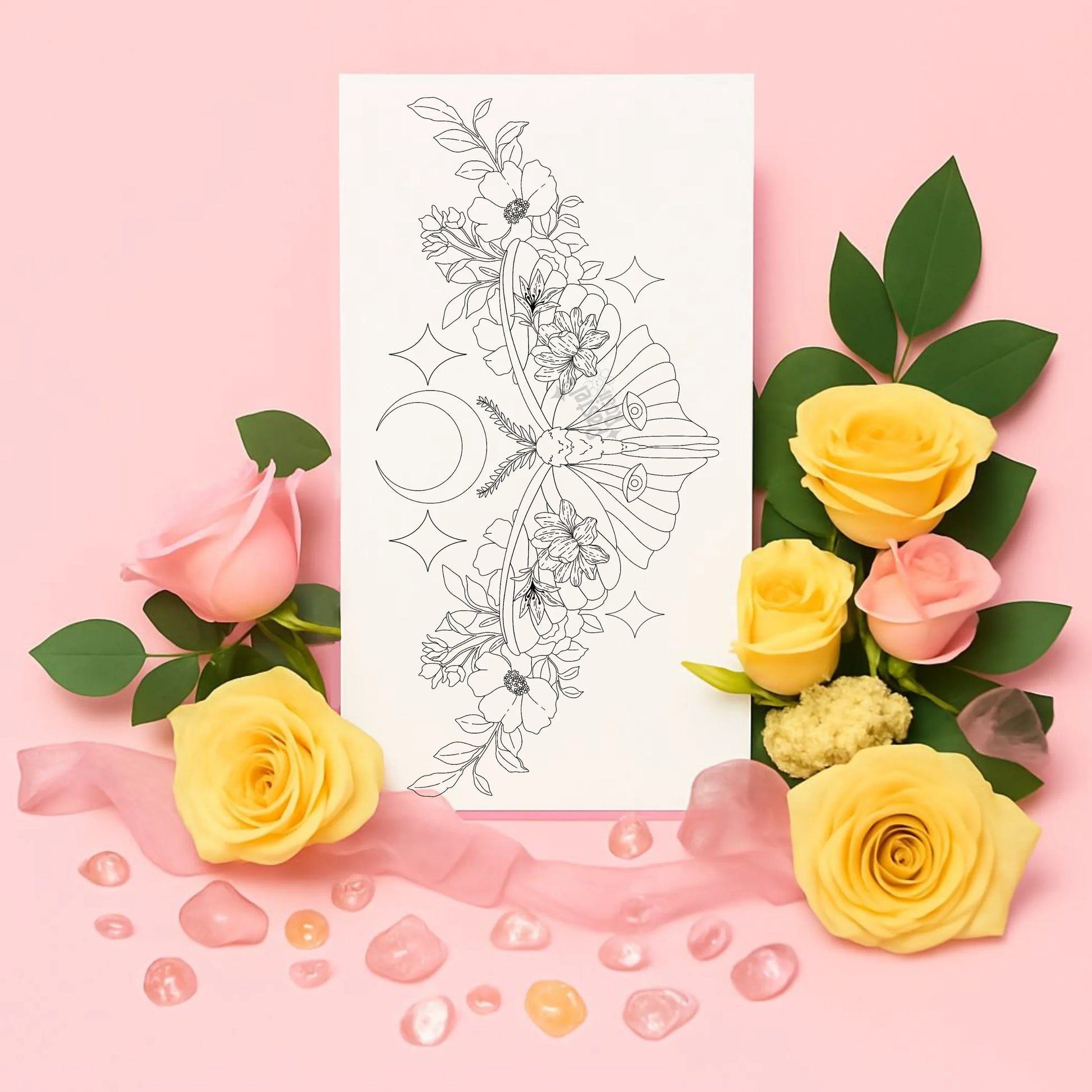 Floral arrangement with yellow and pink roses on a pink background, featuring a temporary tattoo.