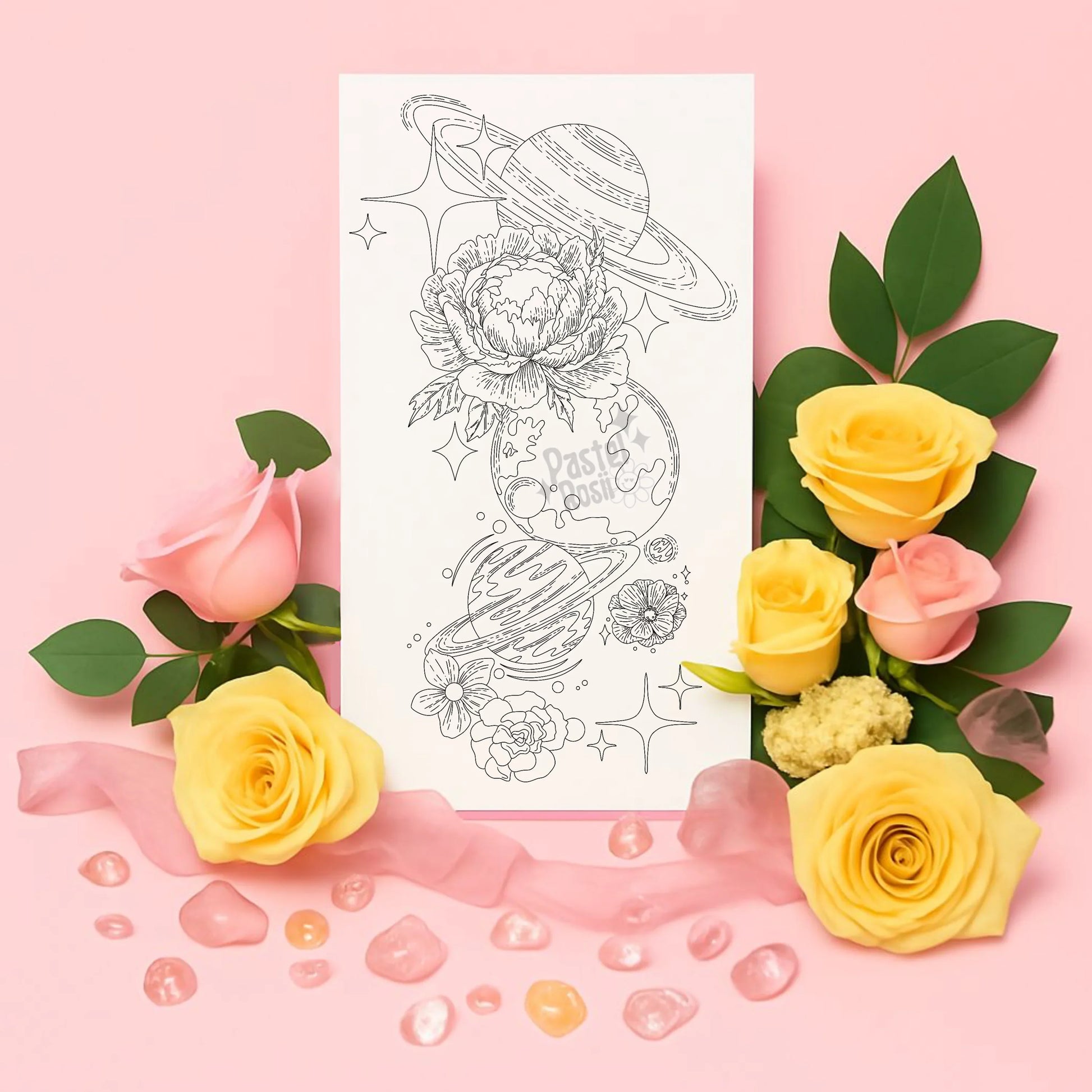 Temporary tattoo with space-themed design surrounded by pink and yellow roses on a pink background