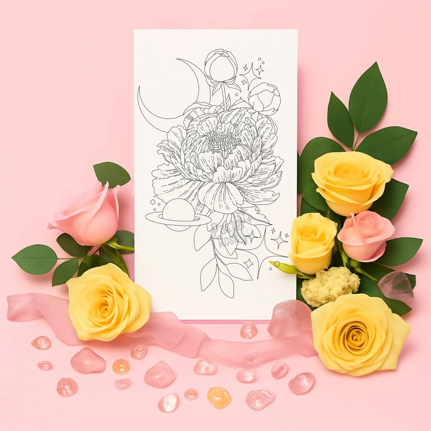 Floral design with roses and leaves on a pink background
