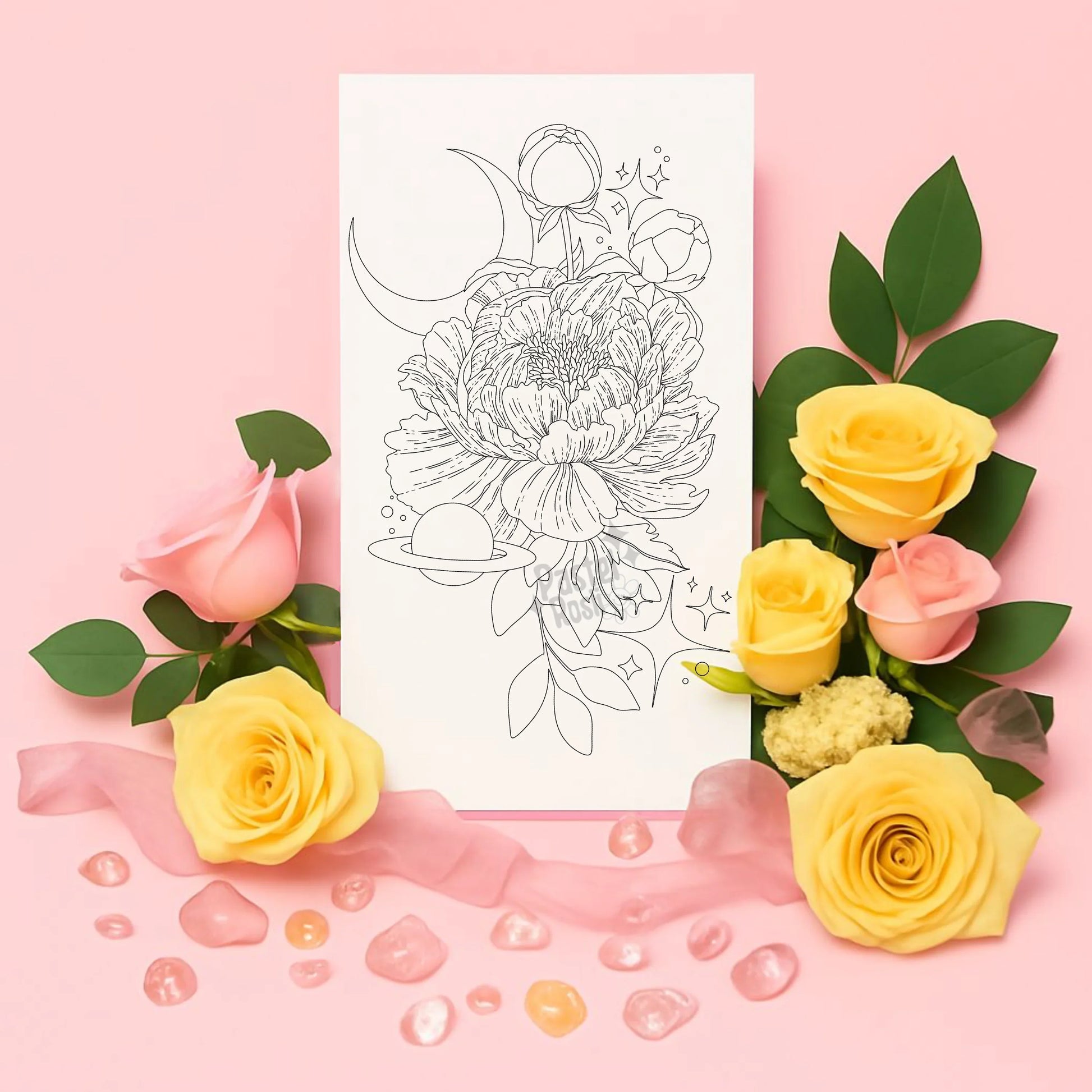 Floral design with roses and leaves on a pink background
