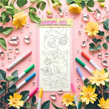 Mental health temporary tattoos with markers and flowers on a pink background
