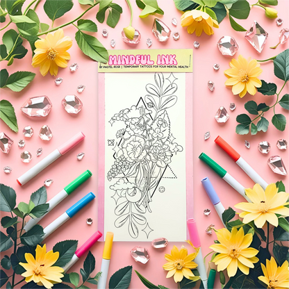 Temporary tattoo with floral design surrounded by markers, flowers, and leaves on a pink background
