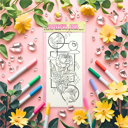 Mindul Ink tattoo design sheet surrounded by markers, flowers, and decorative elements on a pink background