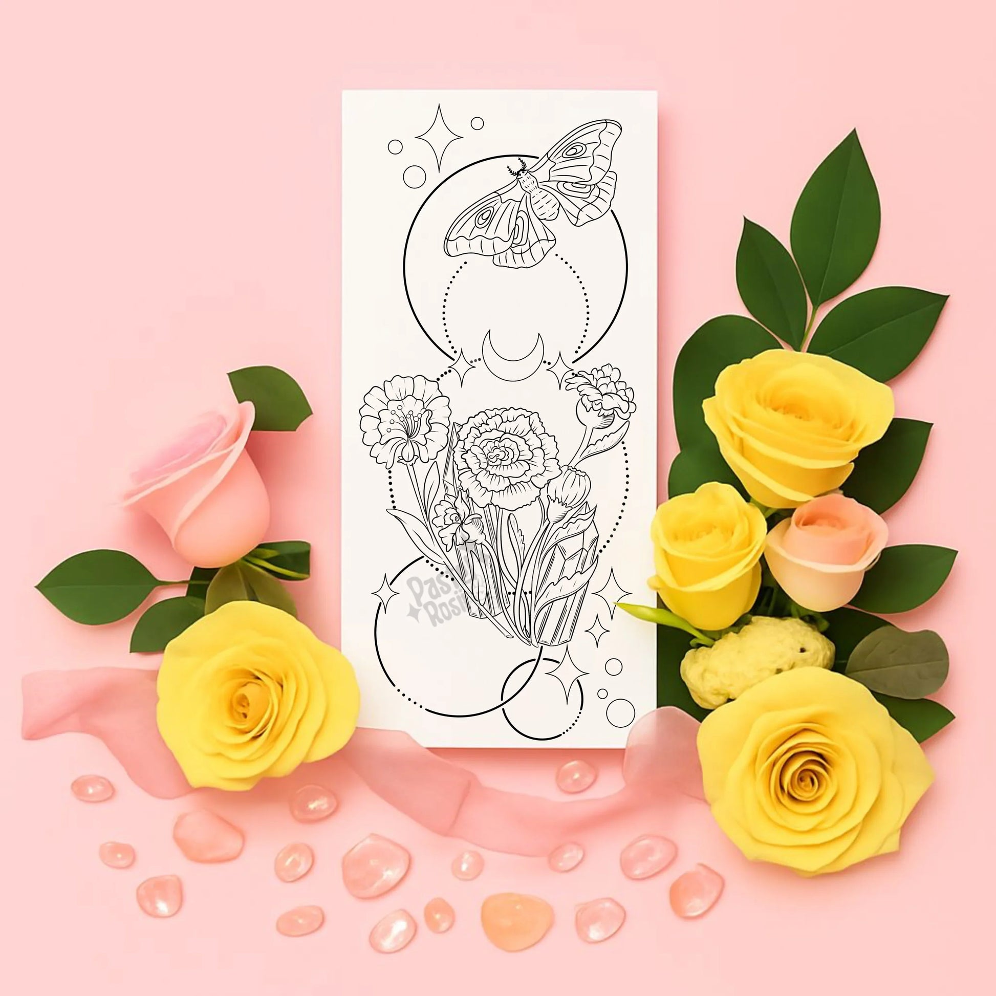 Temporary tattoo with floral design surrounded by yellow and pink roses on a pink background