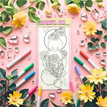 Temporary tattoo with floral designs on a pink background with markers and flowers.