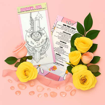 Mindful Ink tattoo stencil with instructions and flowers on a pink background