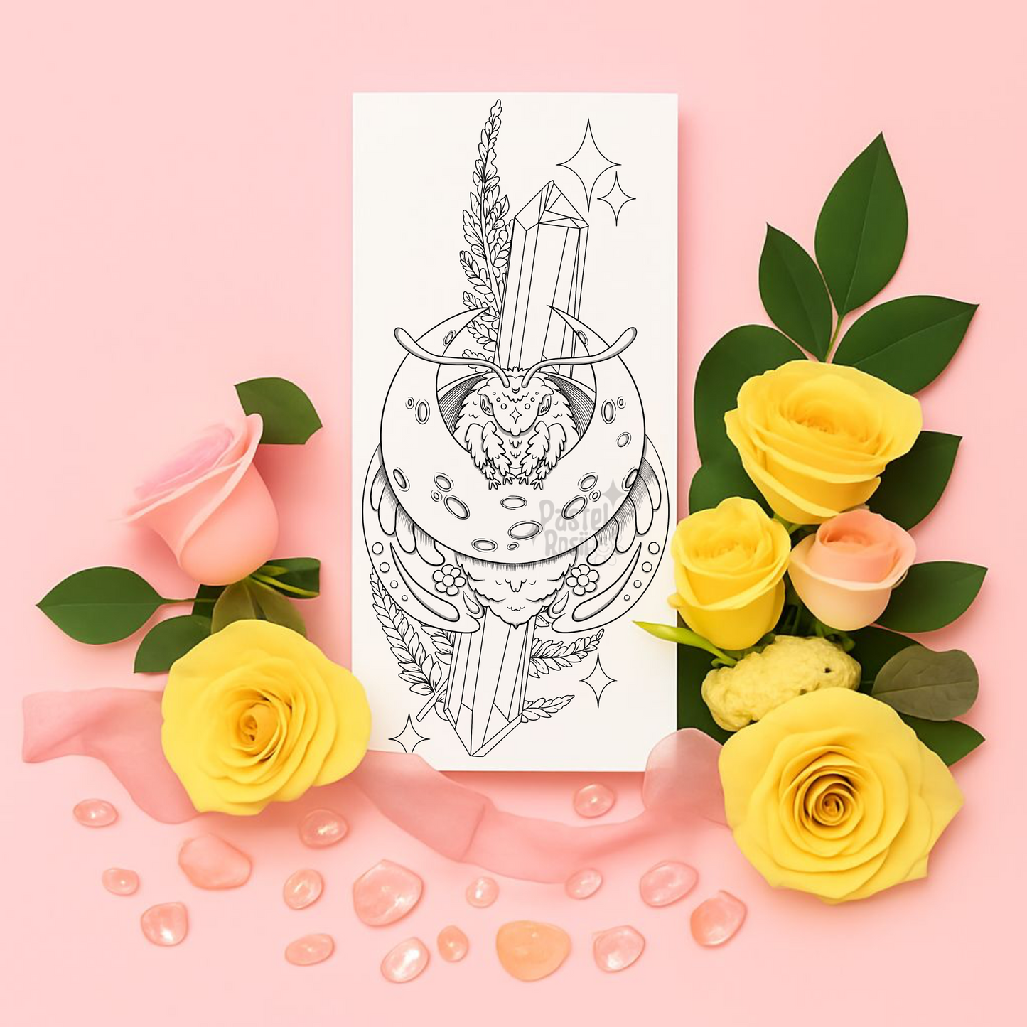 Temporary tattoo with crystal design surrounded by yellow and pink roses on a pink background