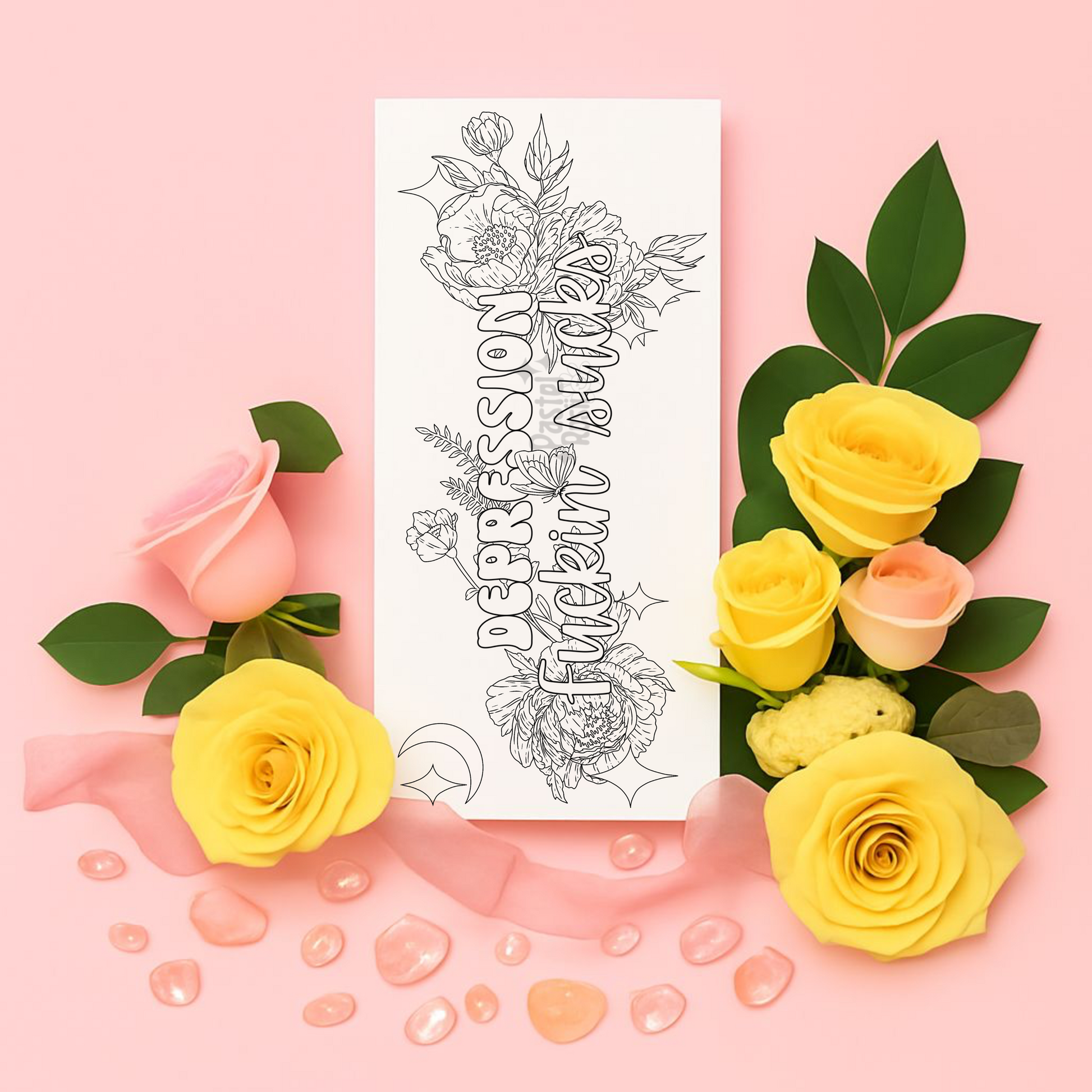 Yellow roses and a temporary tattoo with text on a pink background