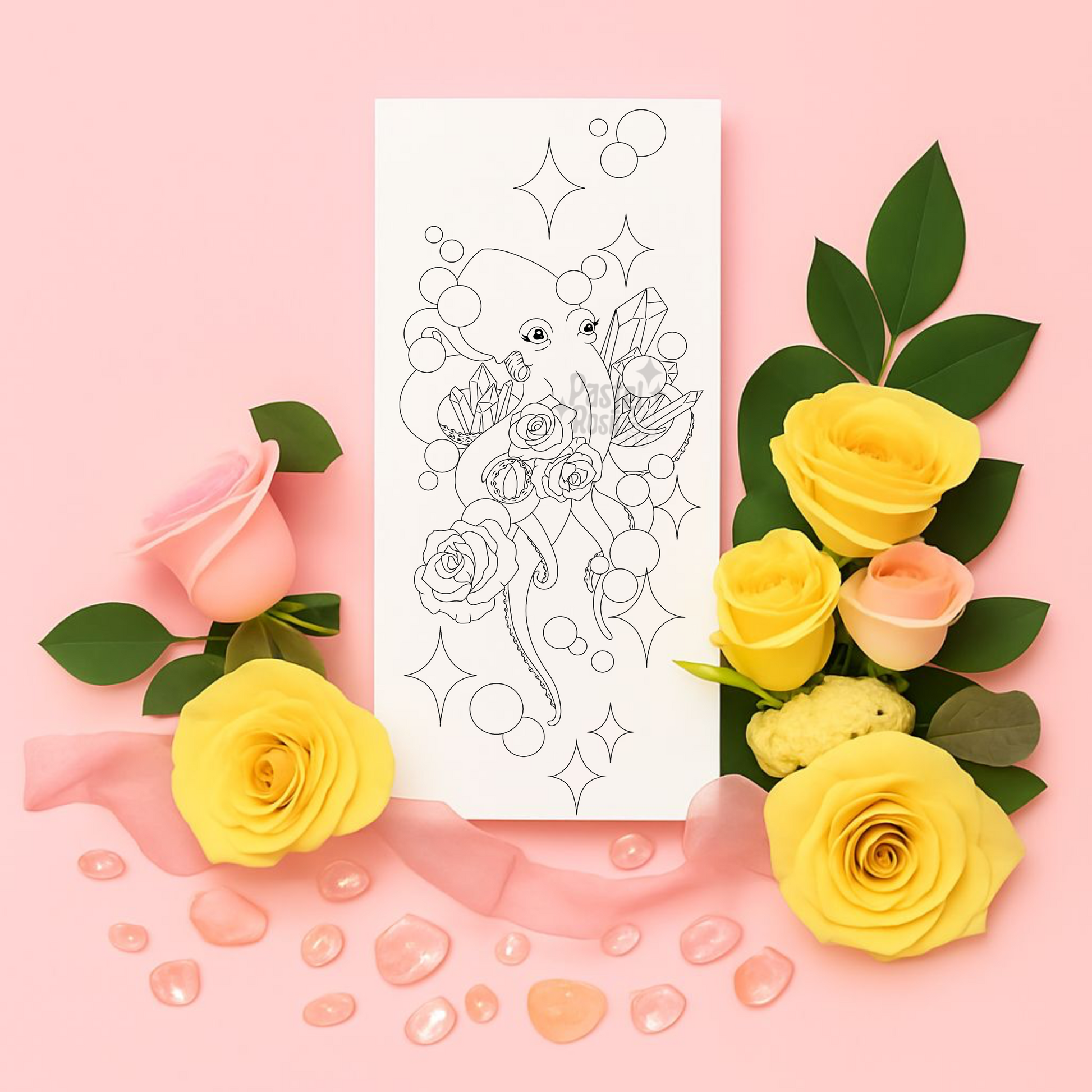 Temporary tattoo page with floral design surrounded by yellow and pink roses on a pink background