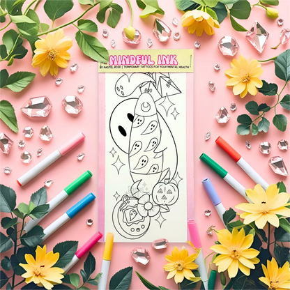 Temporary tattoo with a design surrounded by markers, flowers, and decorative elements on a pink background.