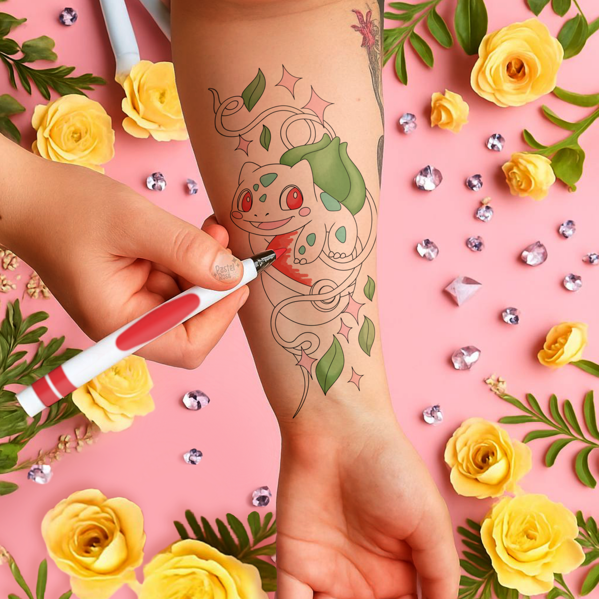 Person getting a tattoo of a cartoon character surrounded by yellow flowers and green leaves on a pink background.