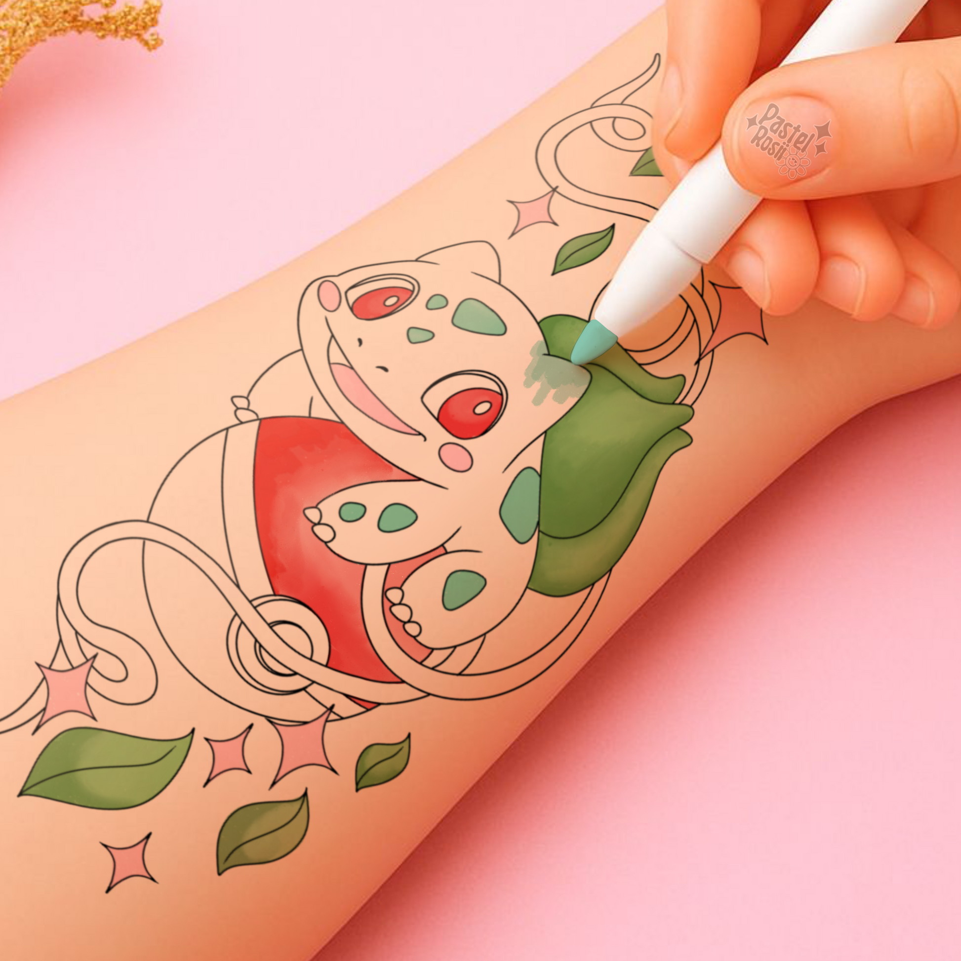 Hand coloring a cartoon pokemon design on skin with a marker against a pink background