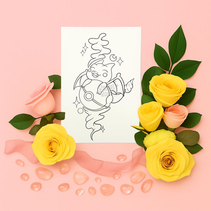 Decorative arrangement of flowers with a black and white tattoo line art design on a pink background